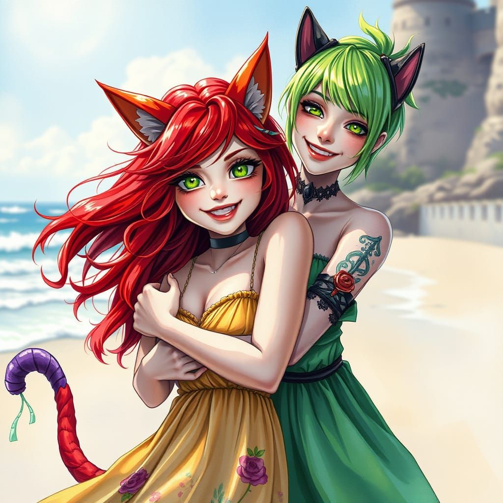 Fantasy Beach Scene with Cat-Eared Woman in Watercolor Style