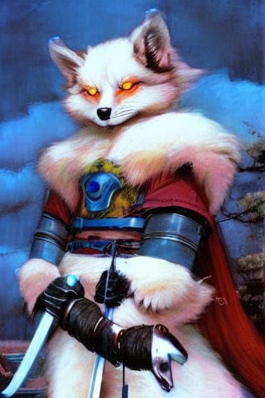 Eldritch - Detailed Portrait of a cute possessive evil kitsune warrior with fluffy white fur and big glowing blue eyes h...
