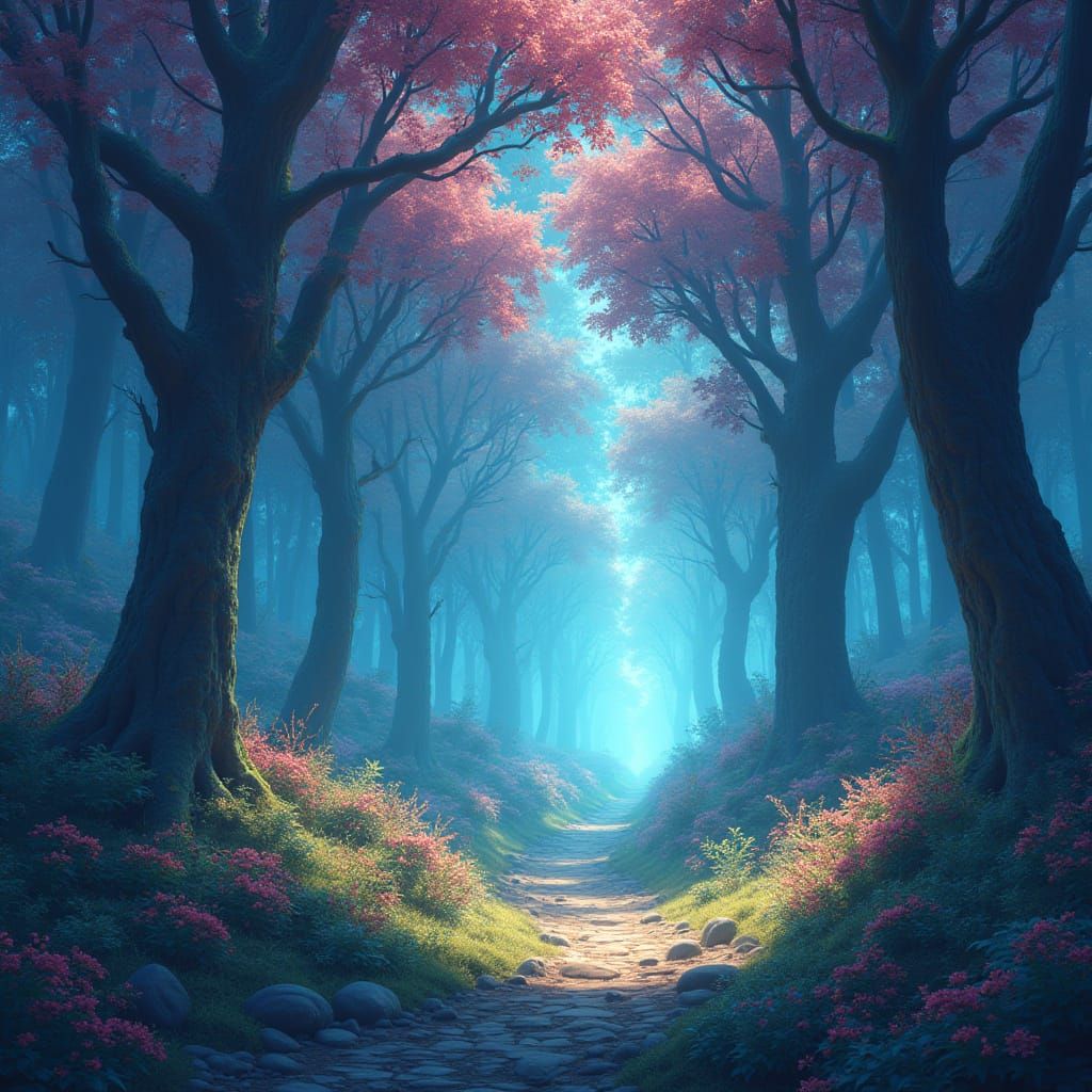 Fantastical Forest Scene in Vibrant, Luminescent Colors