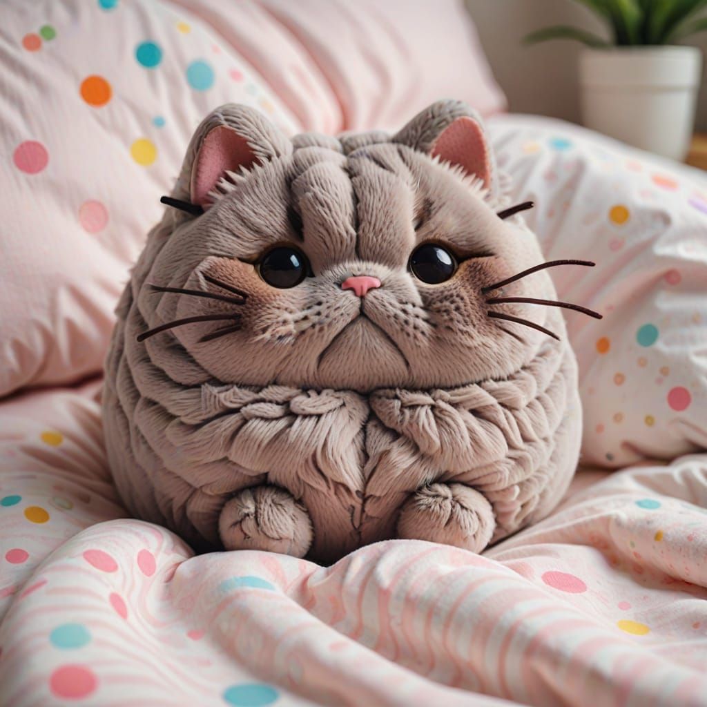 Kawaii Pusheen Cat Smile in Cozy Bed, Pastel Colors