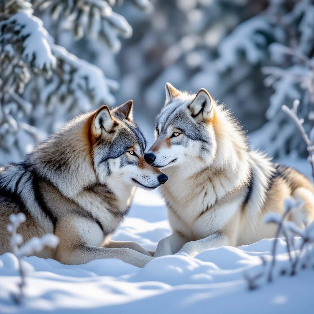 Wolves Nuzzling in Snowy Forest, Wildlife Photography Style