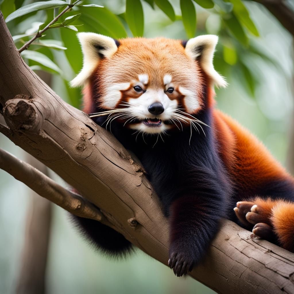 Red Panda Sleeping on Tree Branch