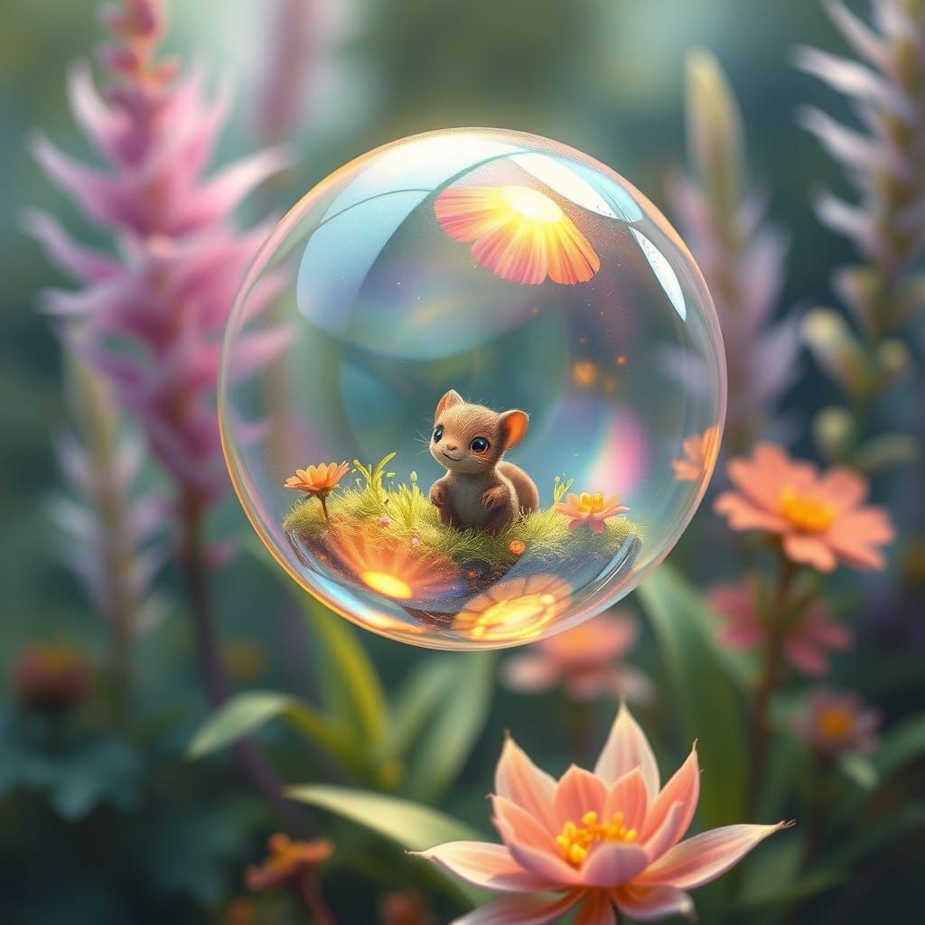 Iridescent Bubble World with Tiny Creature