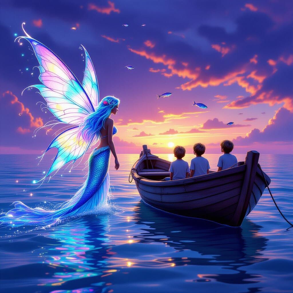Fairy Mermaid Surfaces by Fishing Boat at Twilight