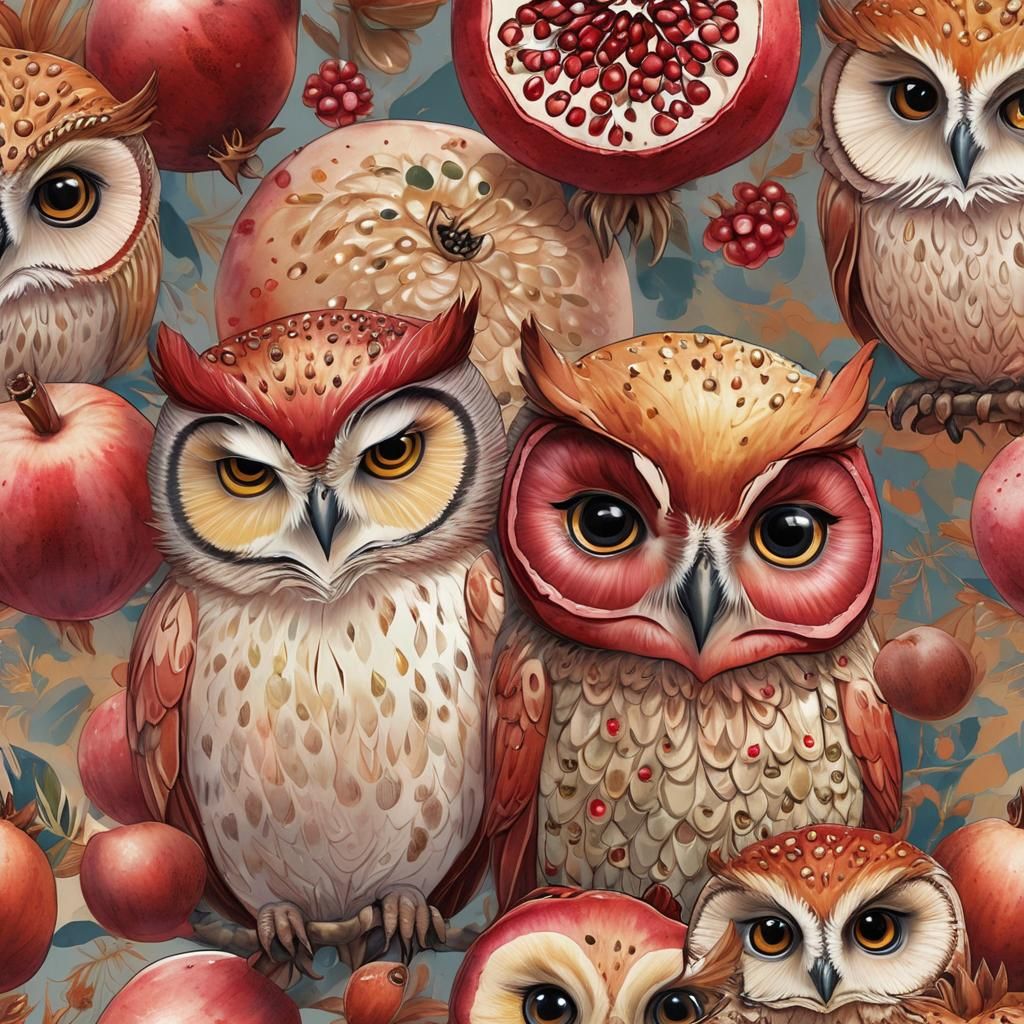 Whimsical Pomegranate Collage with Chibi Owl Portraits