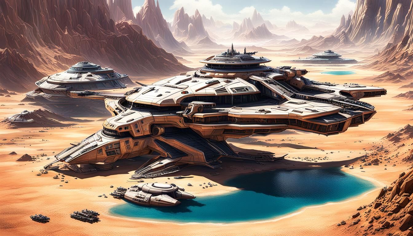 Sci-Fi Desert Oasis with Mountain Lake