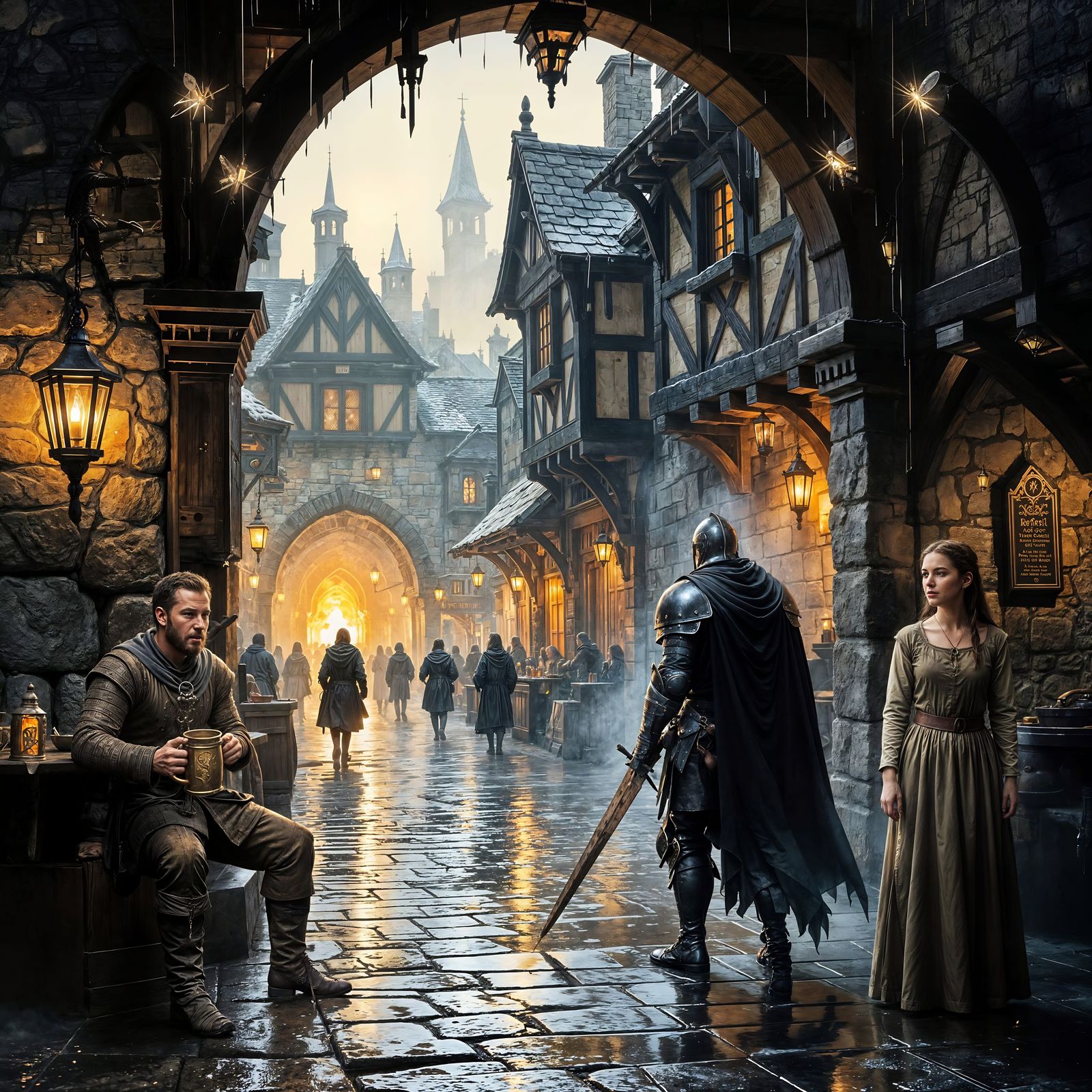 Knight at Medieval Tavern Entrance: Frank Frazetta Style