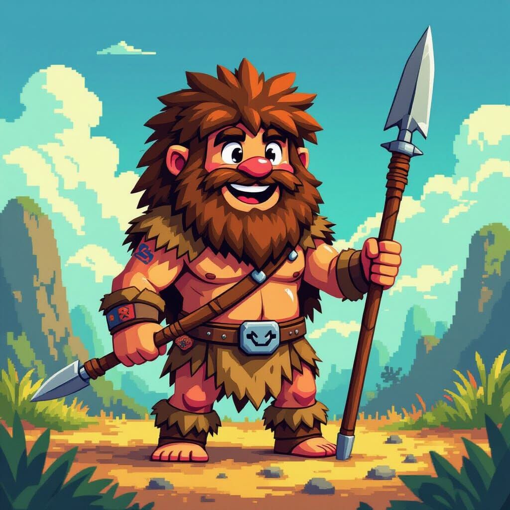 Smiling Caveman in 8-bit Pixel Art Style