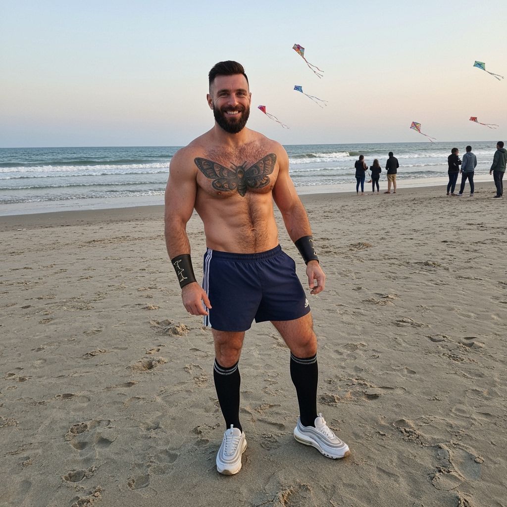 Dawn Beach Scene Featuring Muscular Man Flying Kites