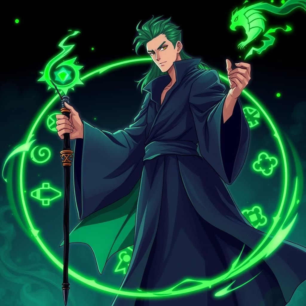 Green-Haired Wizard with Wand in Anime Style