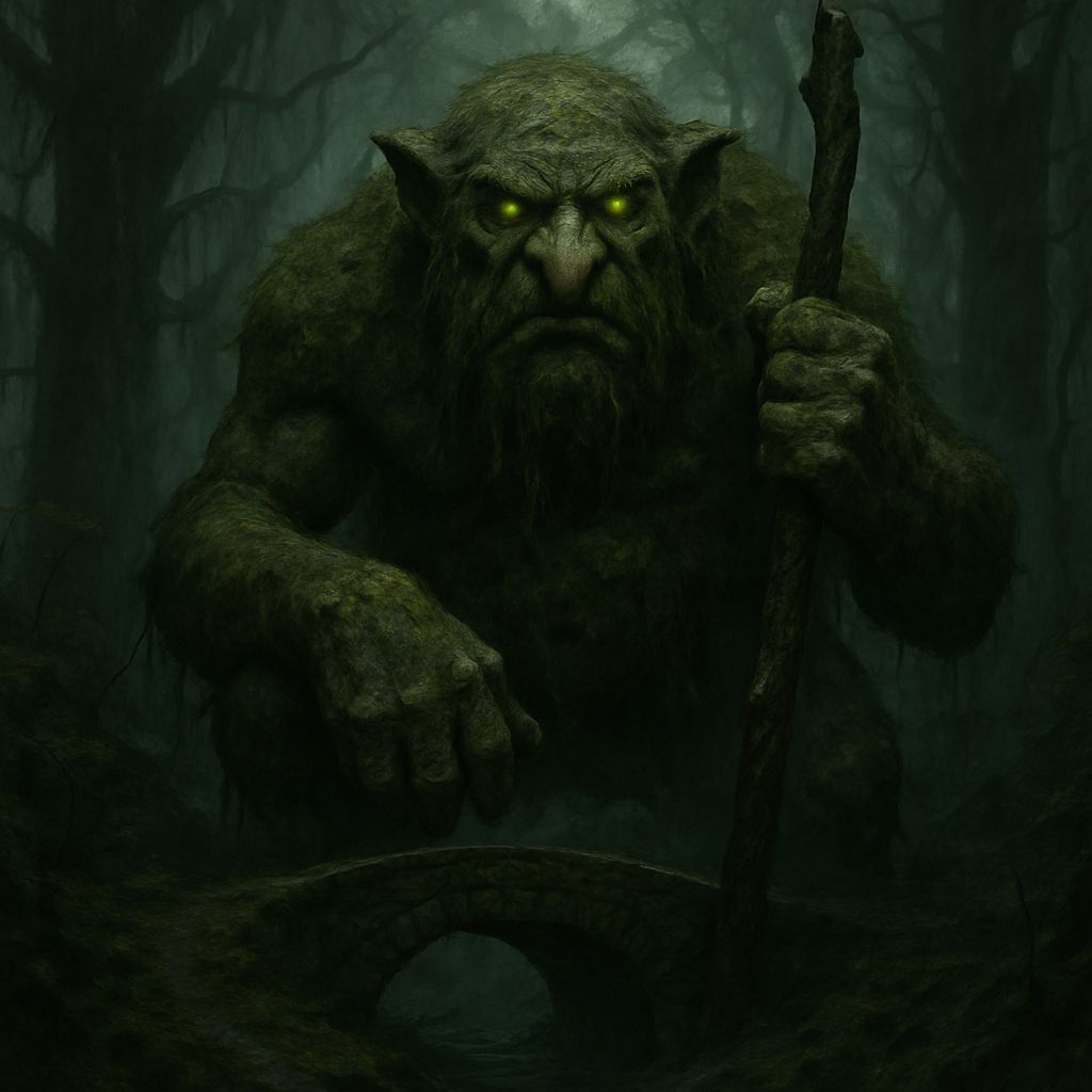 Moss-Covered Troll Guarding Bridge in Dark Fantasy Forest