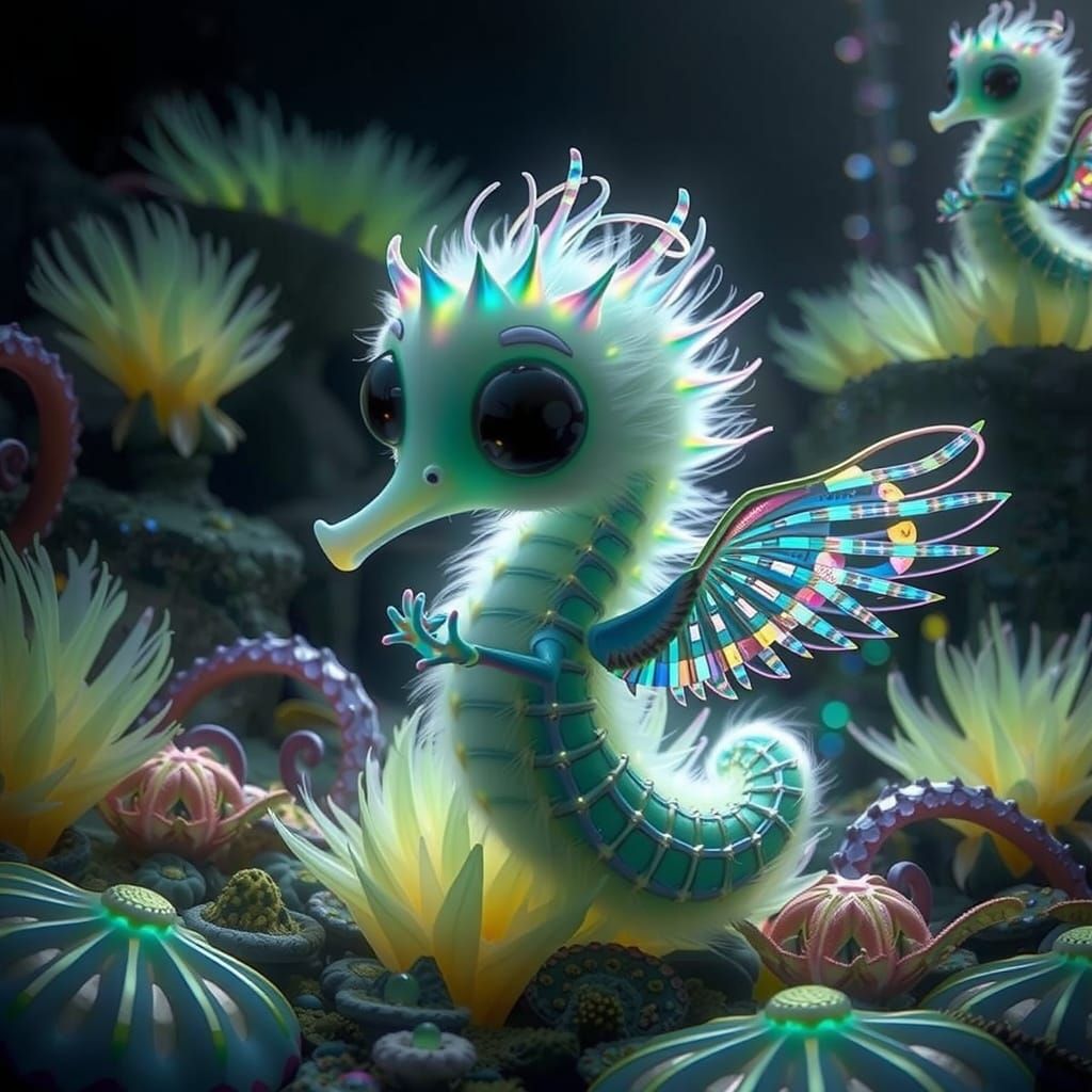 Iridescent Seahorse with Wings on Bioluminescent Plants