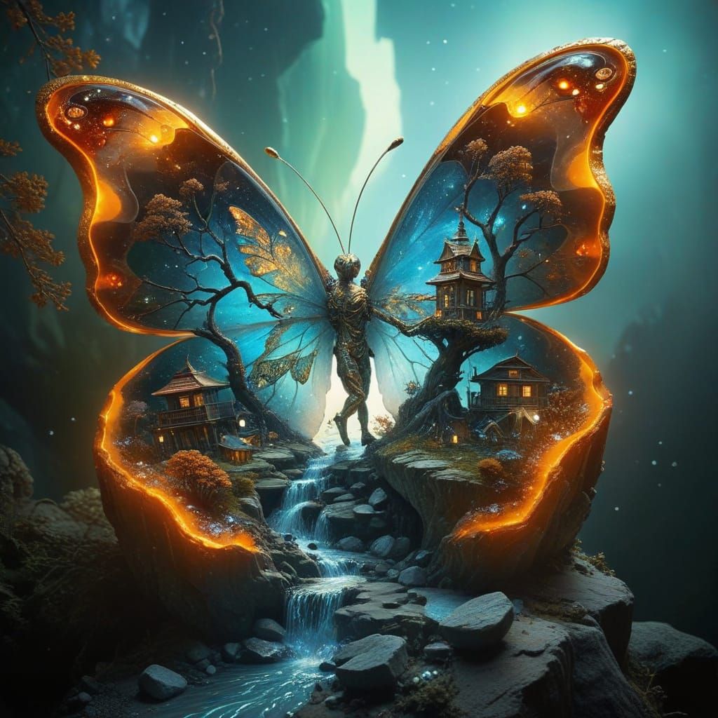 Surreal Crystalline Geode Scene with Glowing Butterfly and F...