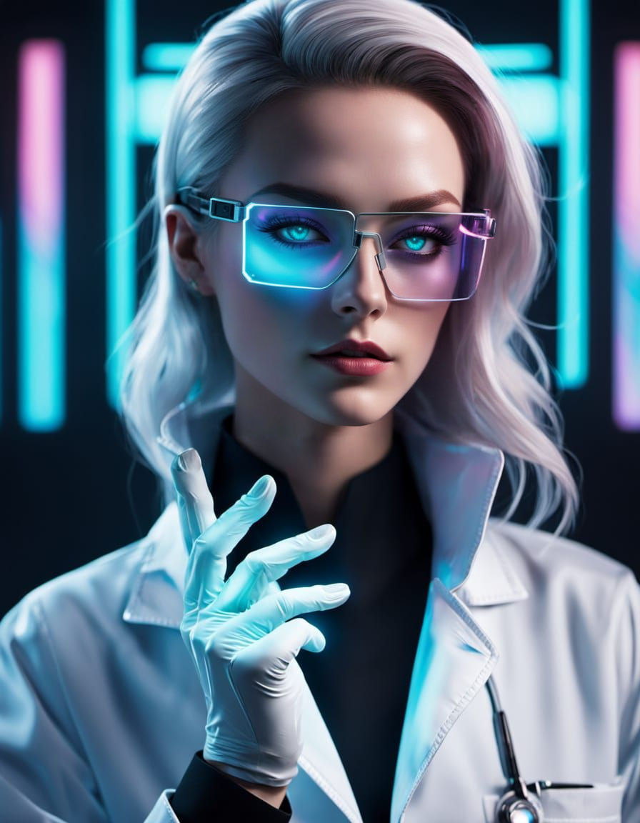 Cyberpunk Doctor with Neon Trim and Cybernetic Eyes