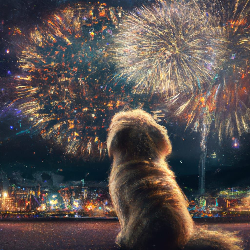 Dog Watches Fireworks Display in Photorealistic Style