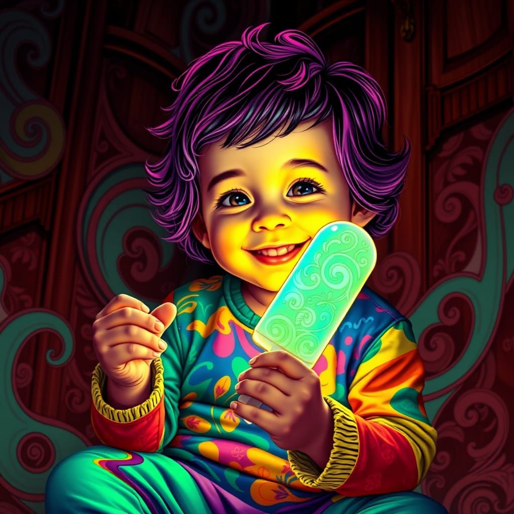 Psychedelic Art Nouveau Child with Fluorescent Popsicle