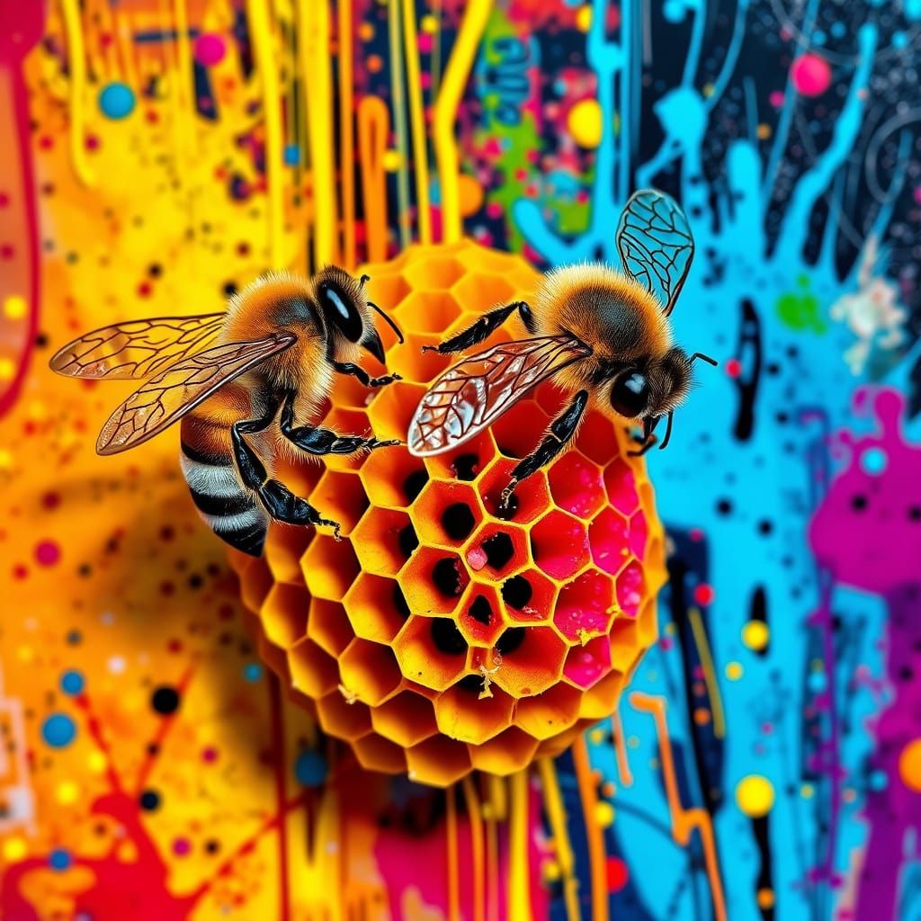 Vibrant Hyperrealistic Honeycomb Scene with Bees in Oil Goua...