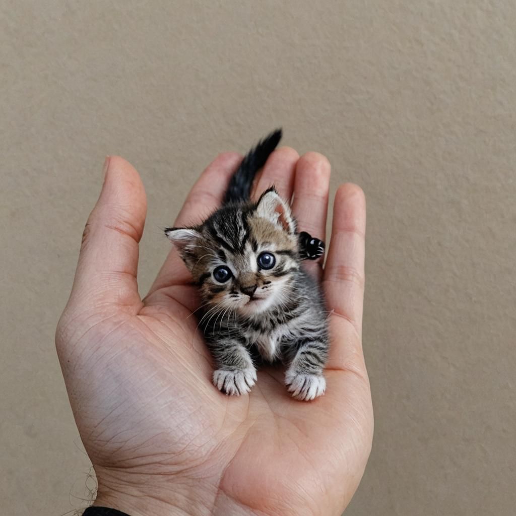 Miniature Kitten Perched on a Human Palm