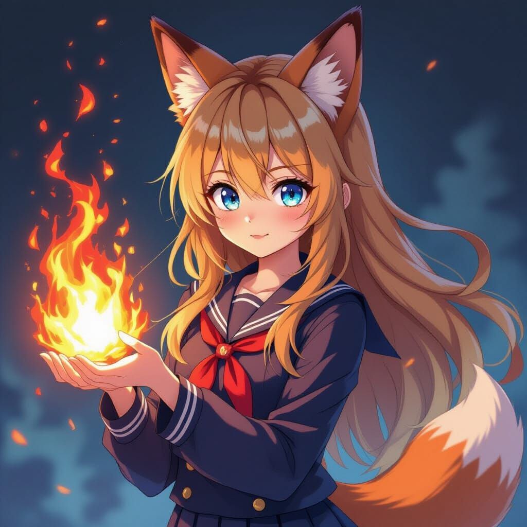Anime Fox Girl Wields Fire Powers in School Uniform