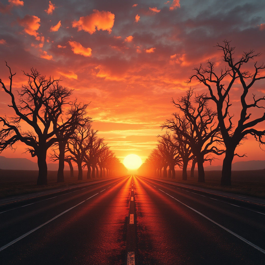 Endless Highway Sunset in Hyper-Realistic Style