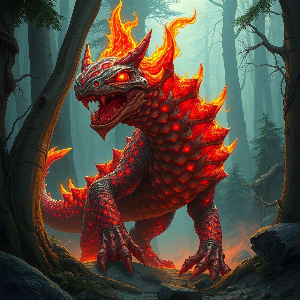 Mysterious Fiery Creature in Ancient Forest