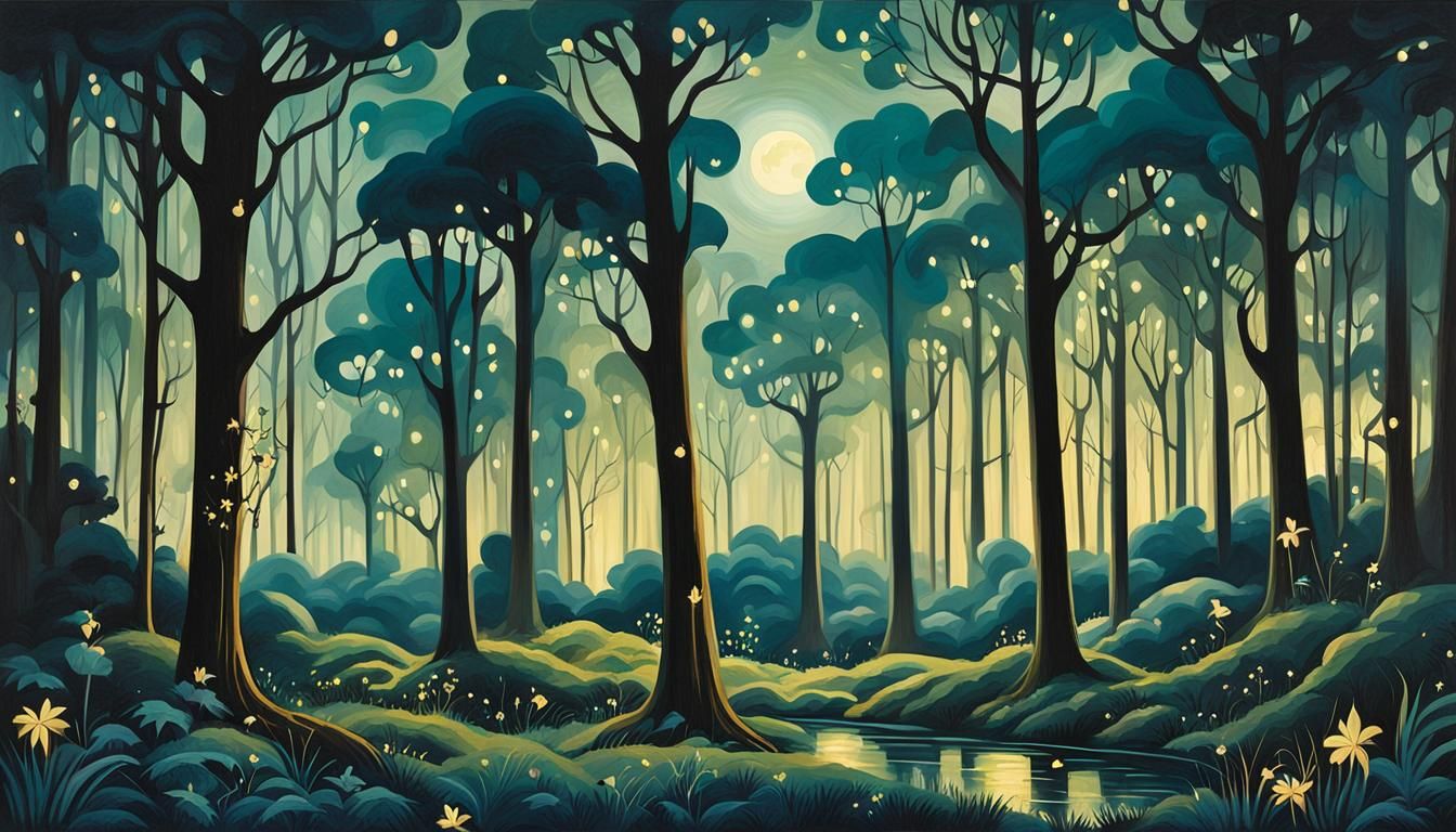 Art Deco Enchanted Forest by Moonlight