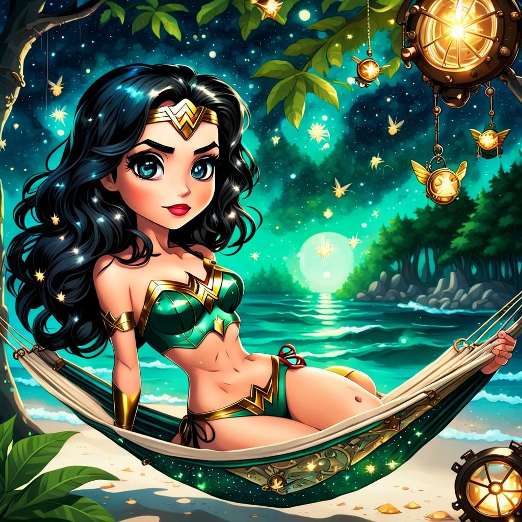 Steampunk Wonder Woman Chibi on Bioluminescent Beach
