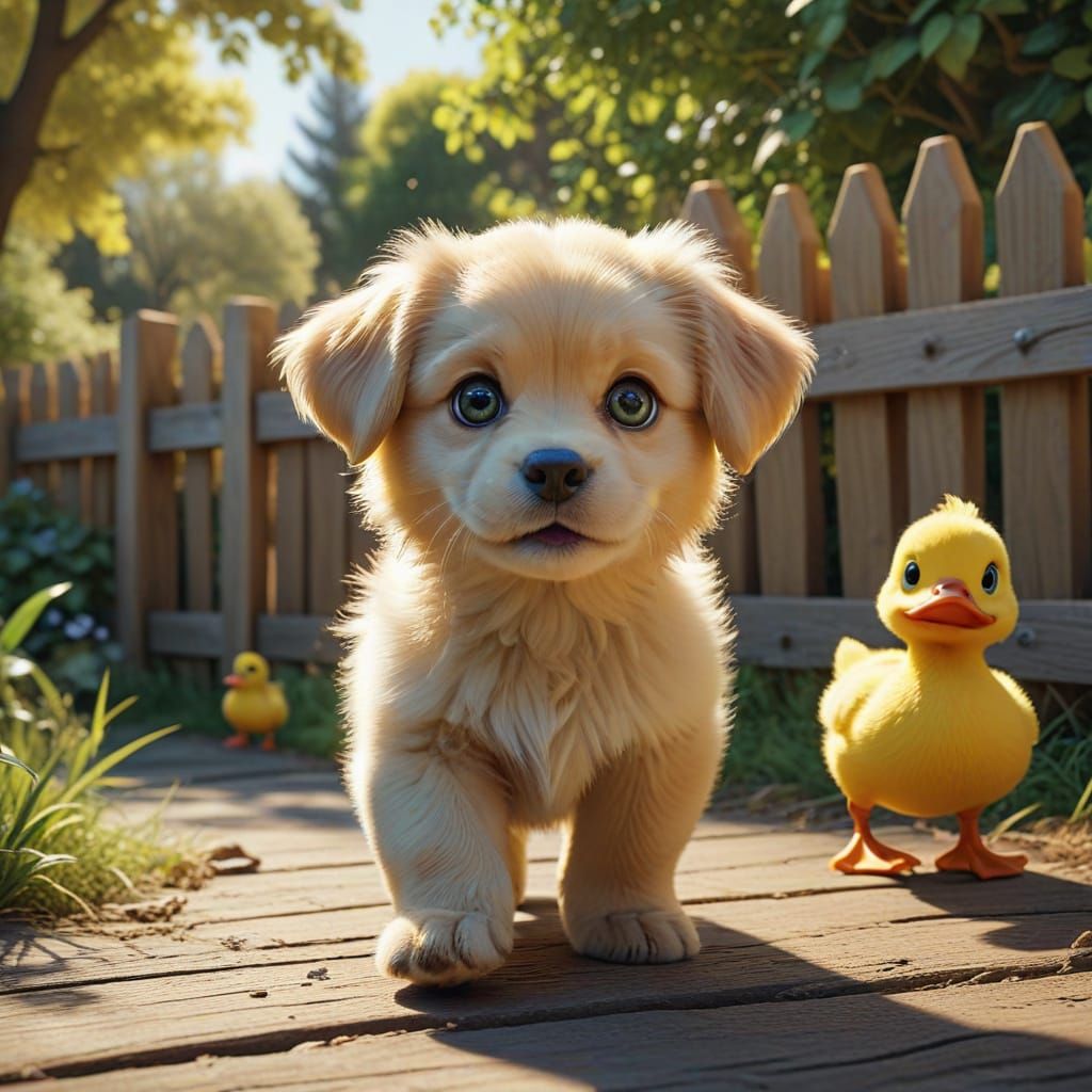 Fluffy Golden Puppy Chases Yellow Duck in Disney Pixar Style