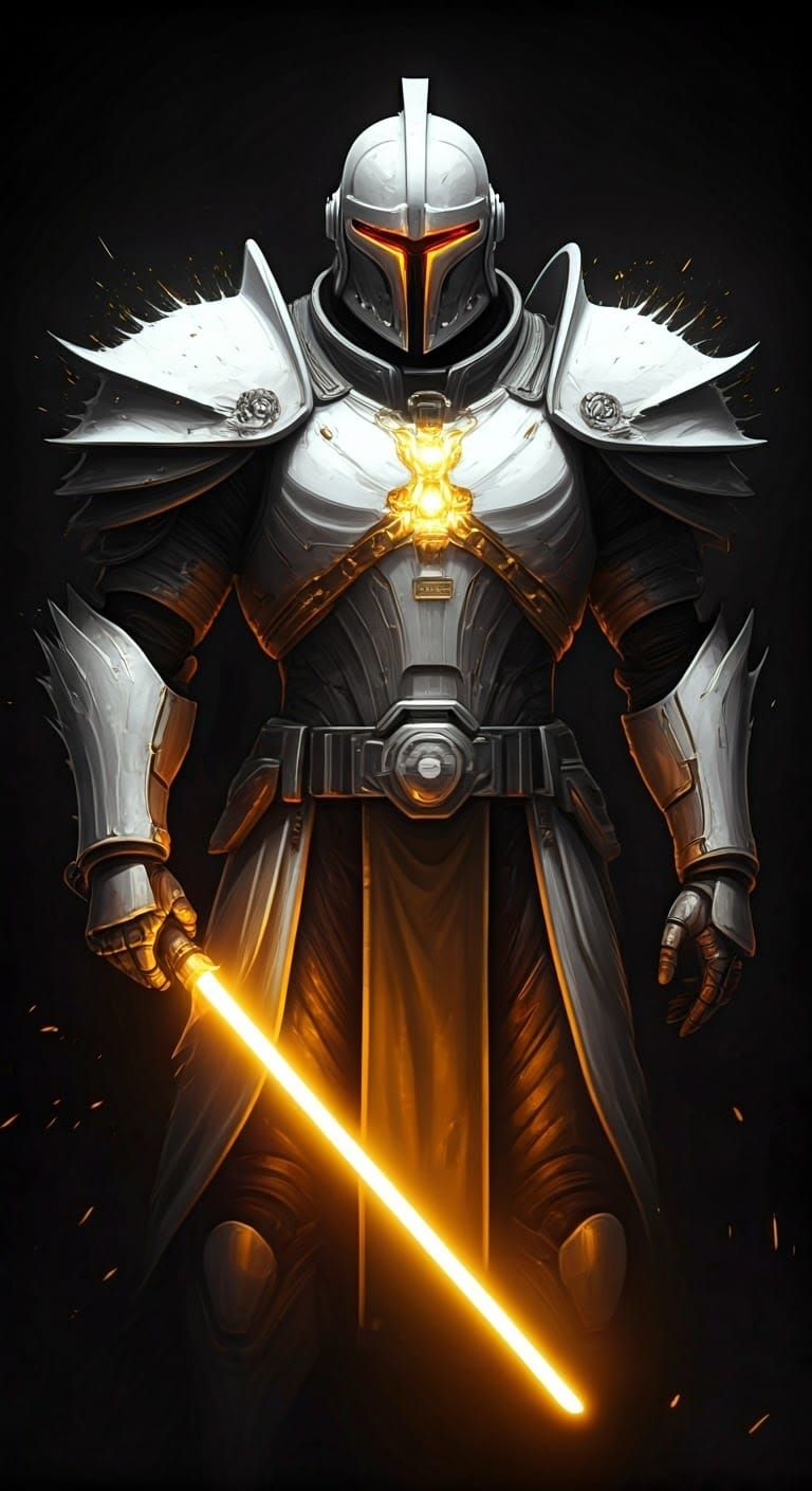 Futuristic Armored Knight with Golden Lightsaber