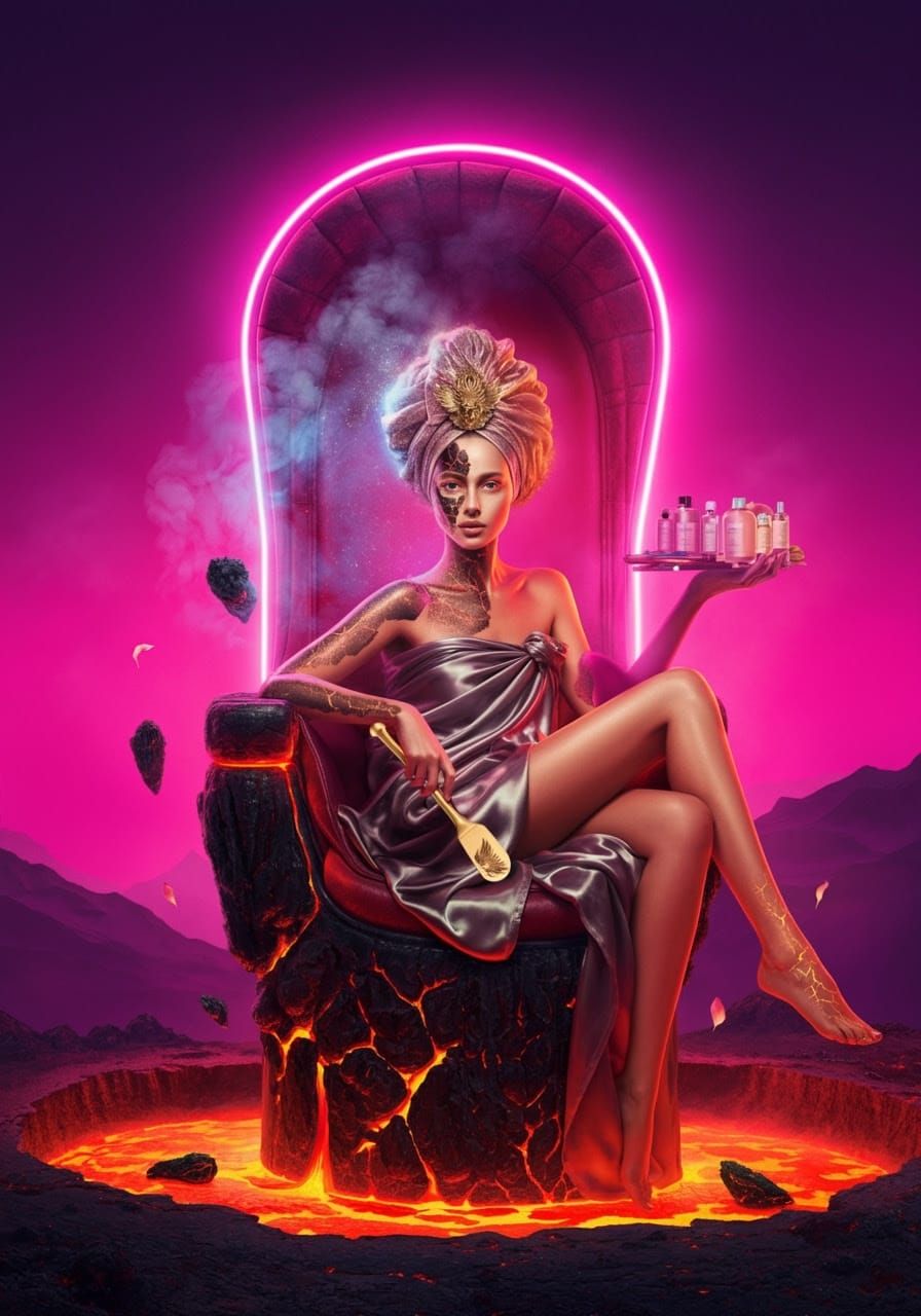 Radiant Woman Transforms in Gilded Spa Chair