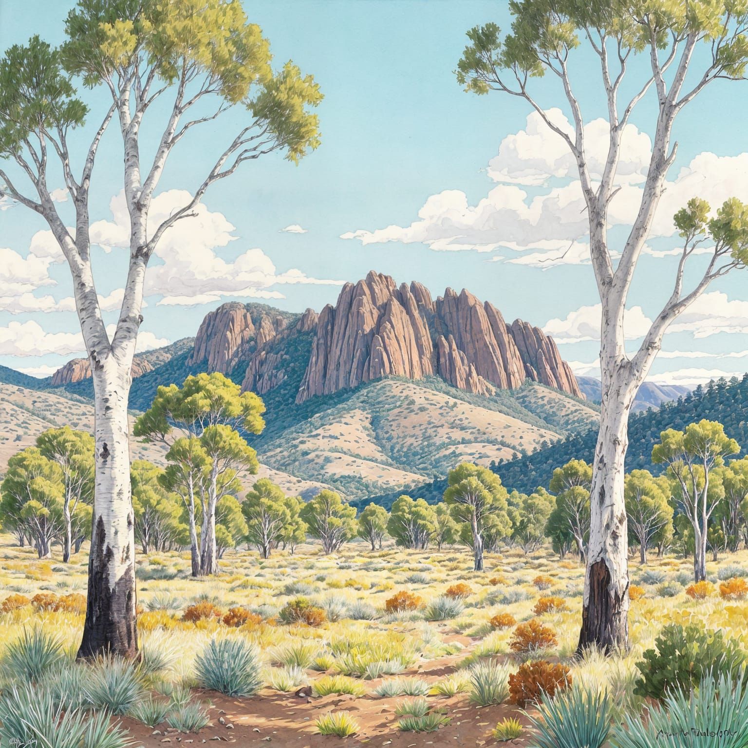 Central Australian Landscape Painting in Namatjira Style