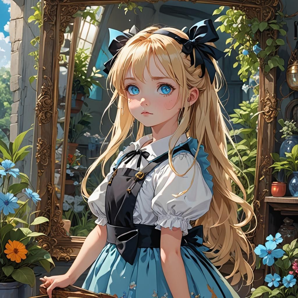 Anime Girl Stares into Colorful Mirror