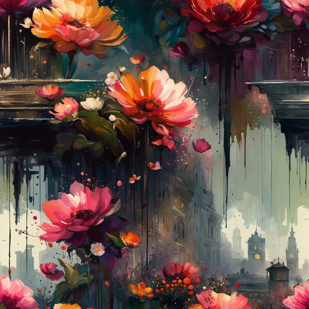 Floral Cityscape in Vibrant Gouache Illustration