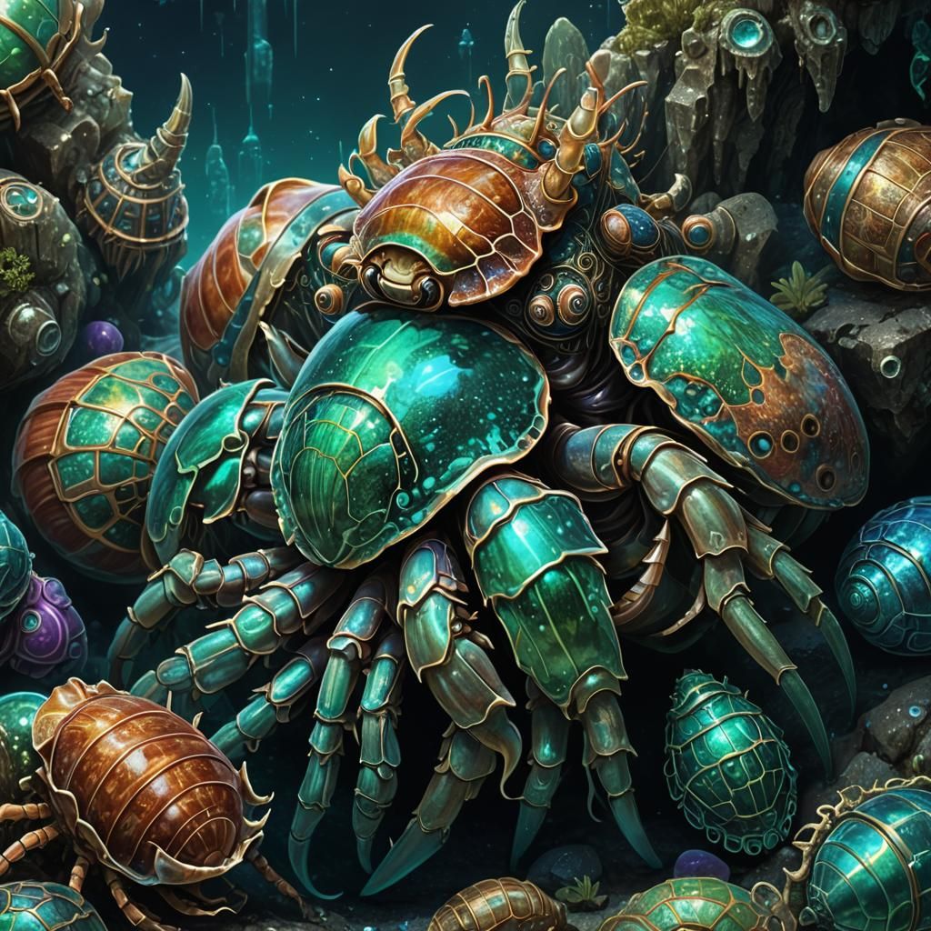 Underwater Hermit Crab City: Bioluminescent Fantasy Art