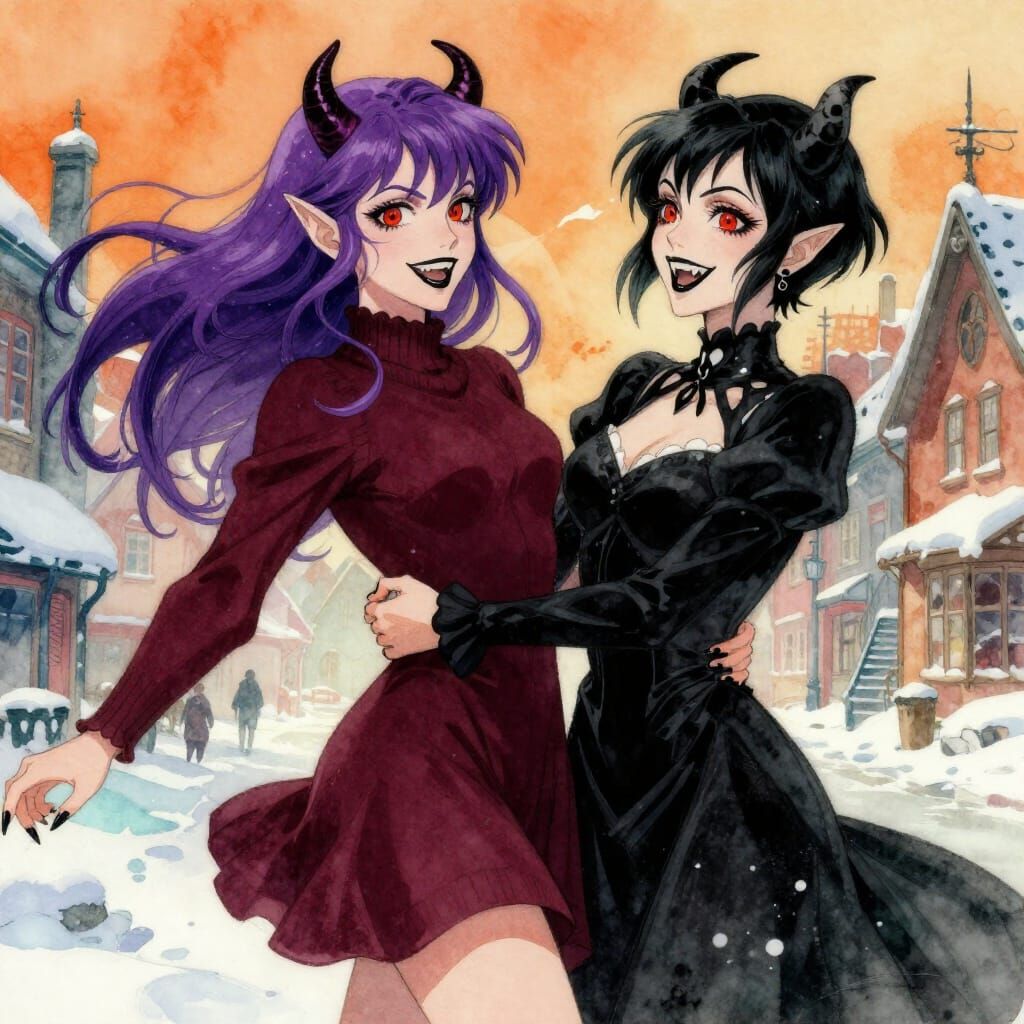 Gothic Demons Dancing in Snowy Town Watercolor Style
