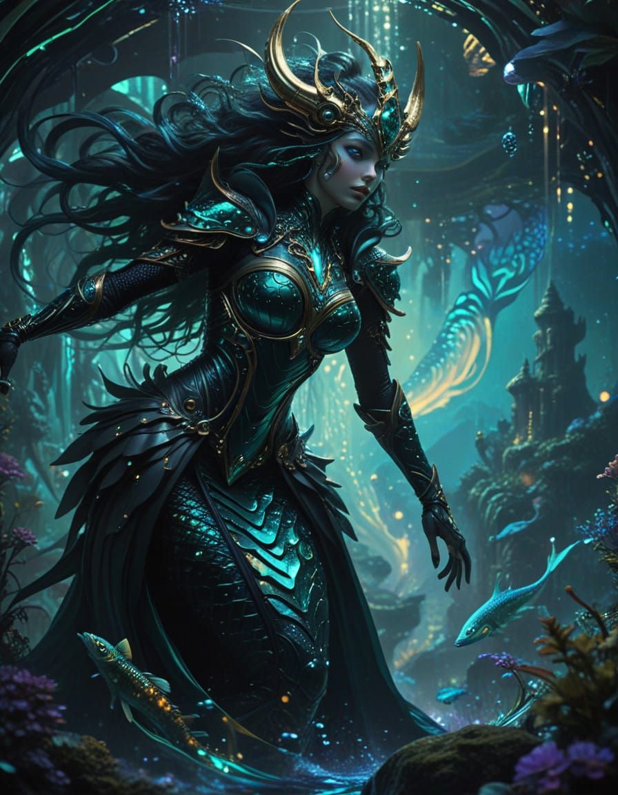 Ethereal Merfolk Warrior in Cyberpunk Art Nouveau