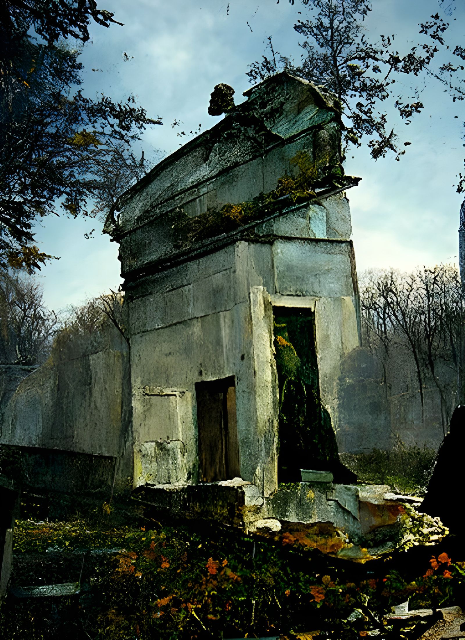 Haunted Cemetery: Decaying Mausoleum in Gothic Style