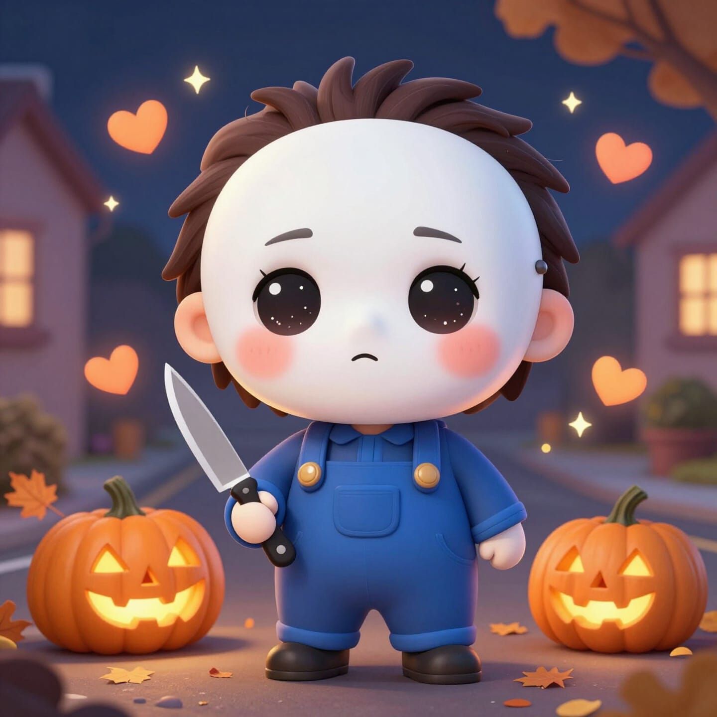Adorable Chibi Michael Myers in Pastel Halloween Scene