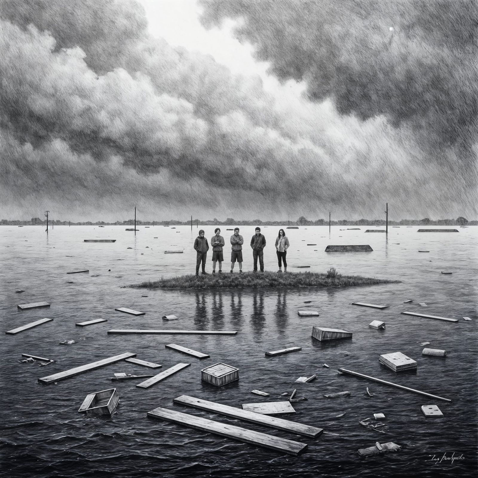 Monochromatic Graphite Flood Scene with Tiny Watchers