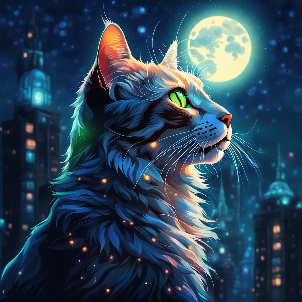 Majestic Cat Portrait in Mystical Night, Digital Art