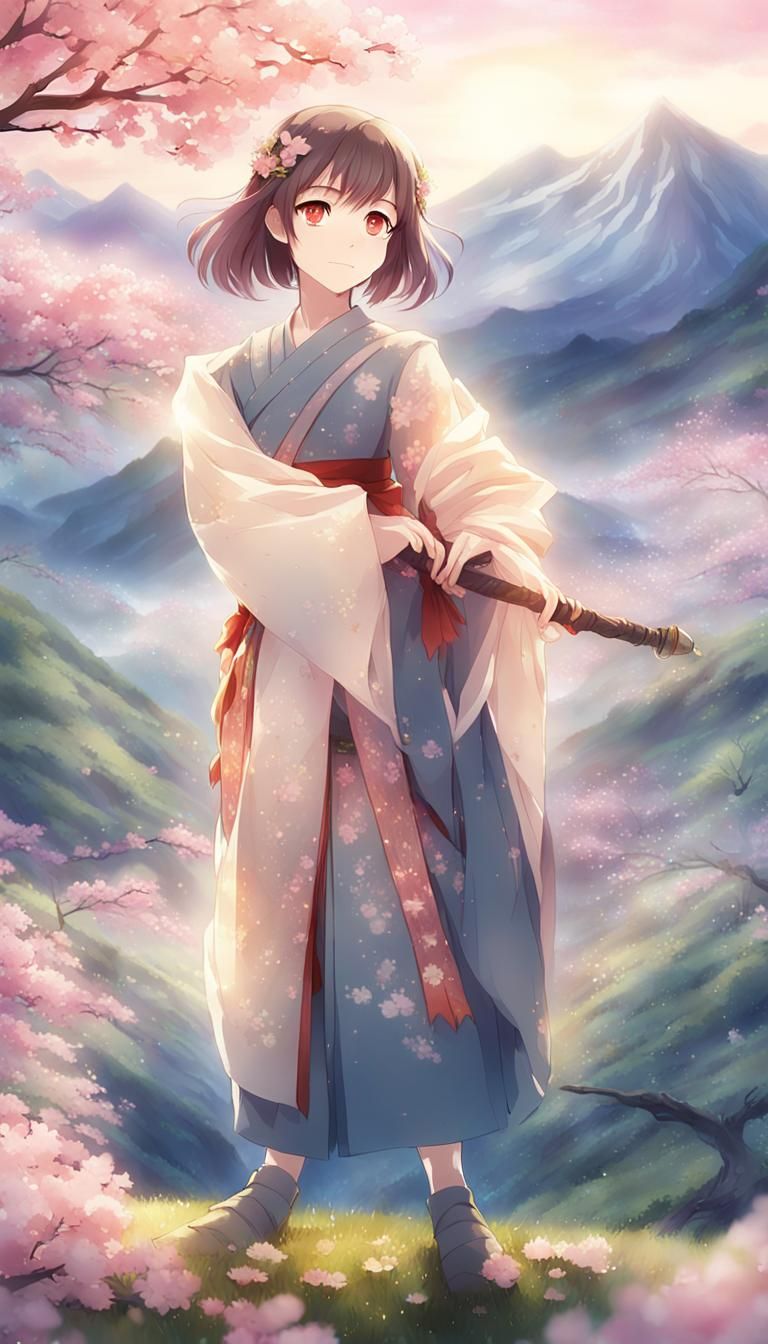 Anime Girl in Mountain Landscape with Blossoms