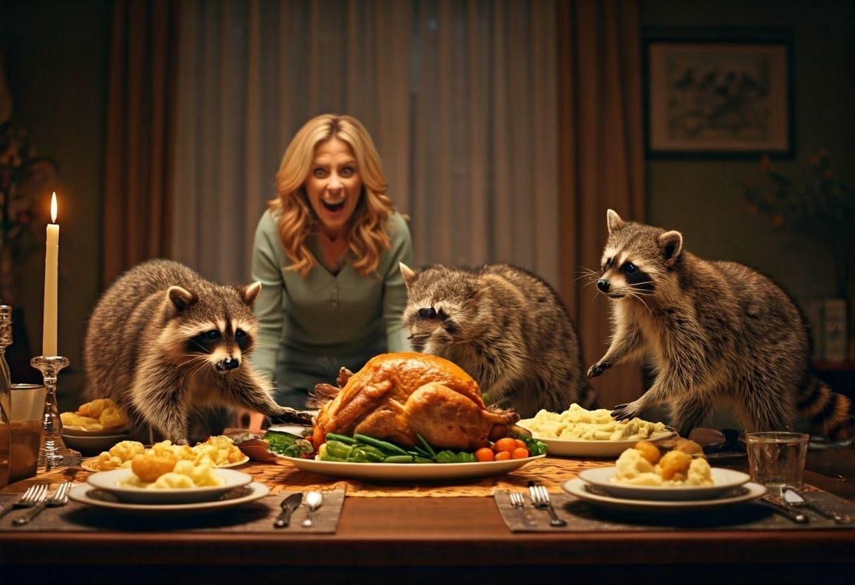 Raccoons Invade Thanksgiving Dinner in Chilling Domestic Sce...
