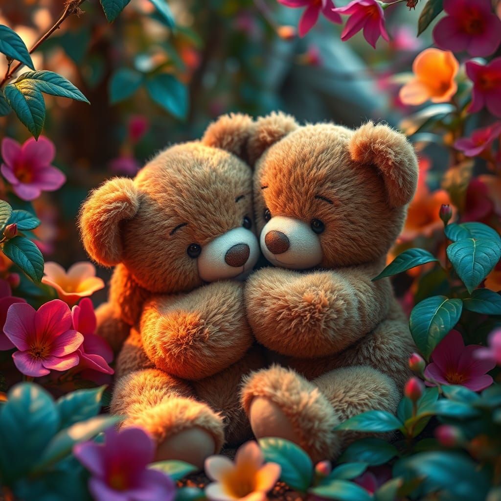 Teddy Bears Embrace in Lush Forest, Fantasy Art