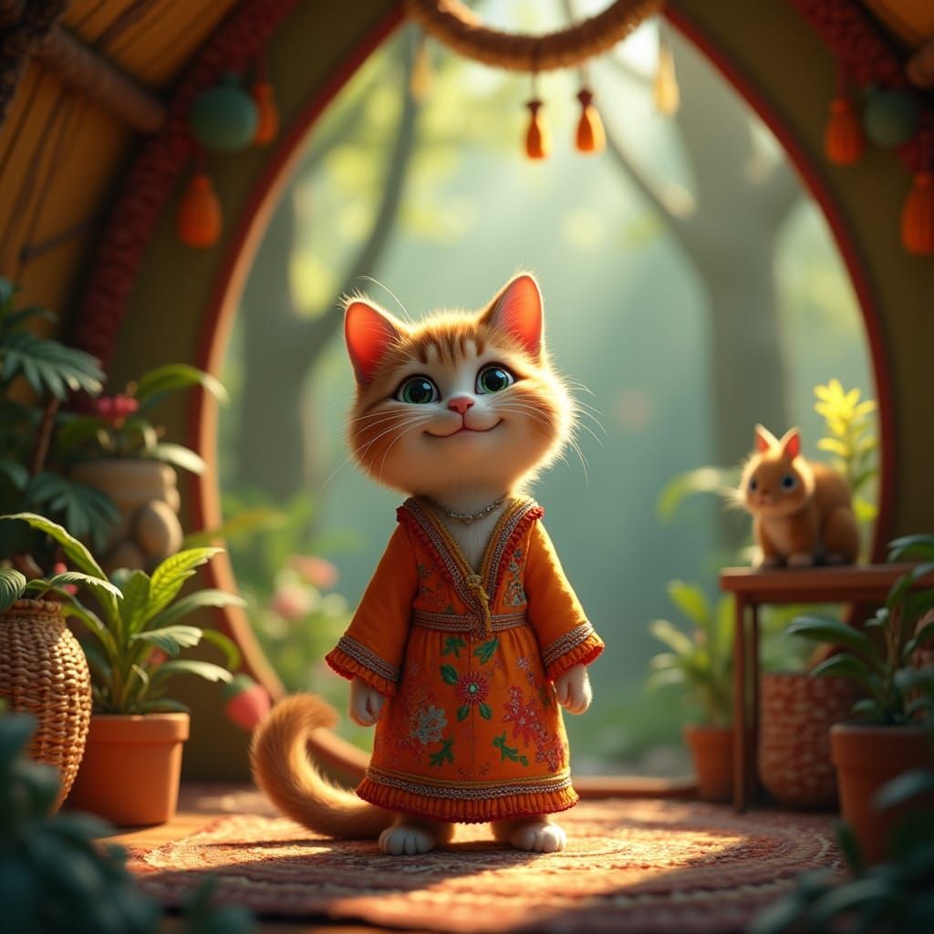 Pixar-Style Cat in Bohemian Caravan