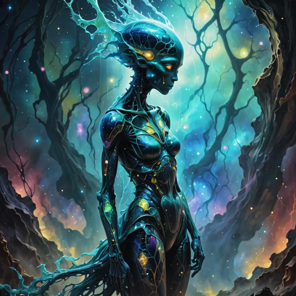 Aliens Kiss with Kintsugi Cracks in Surreal Oil Painting