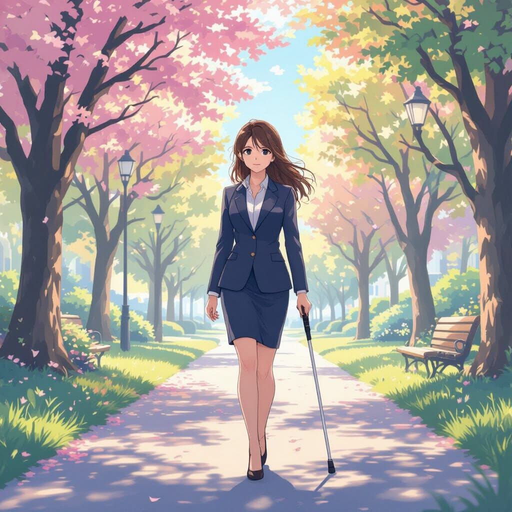 Anime-Style Blind Girl in Park with Cane