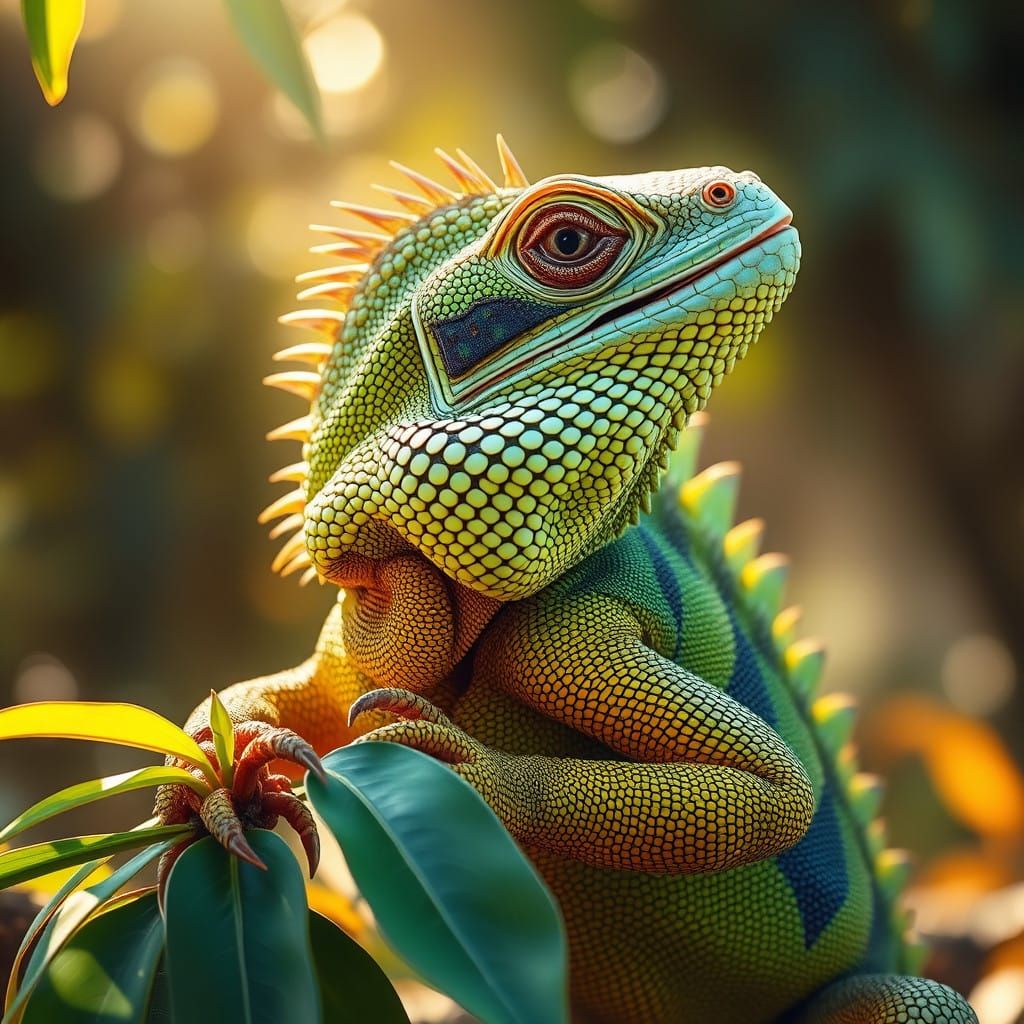 Iguana Soaks Up Warm Sunlight in a Vibrant Tropical Jungle