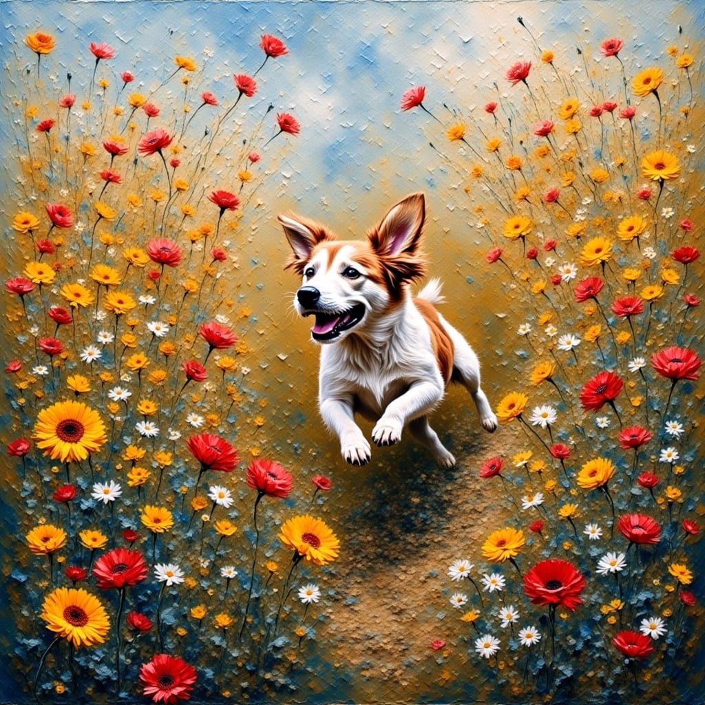 Dog Leaping Through Flowers in Impasto Oil Painting Style