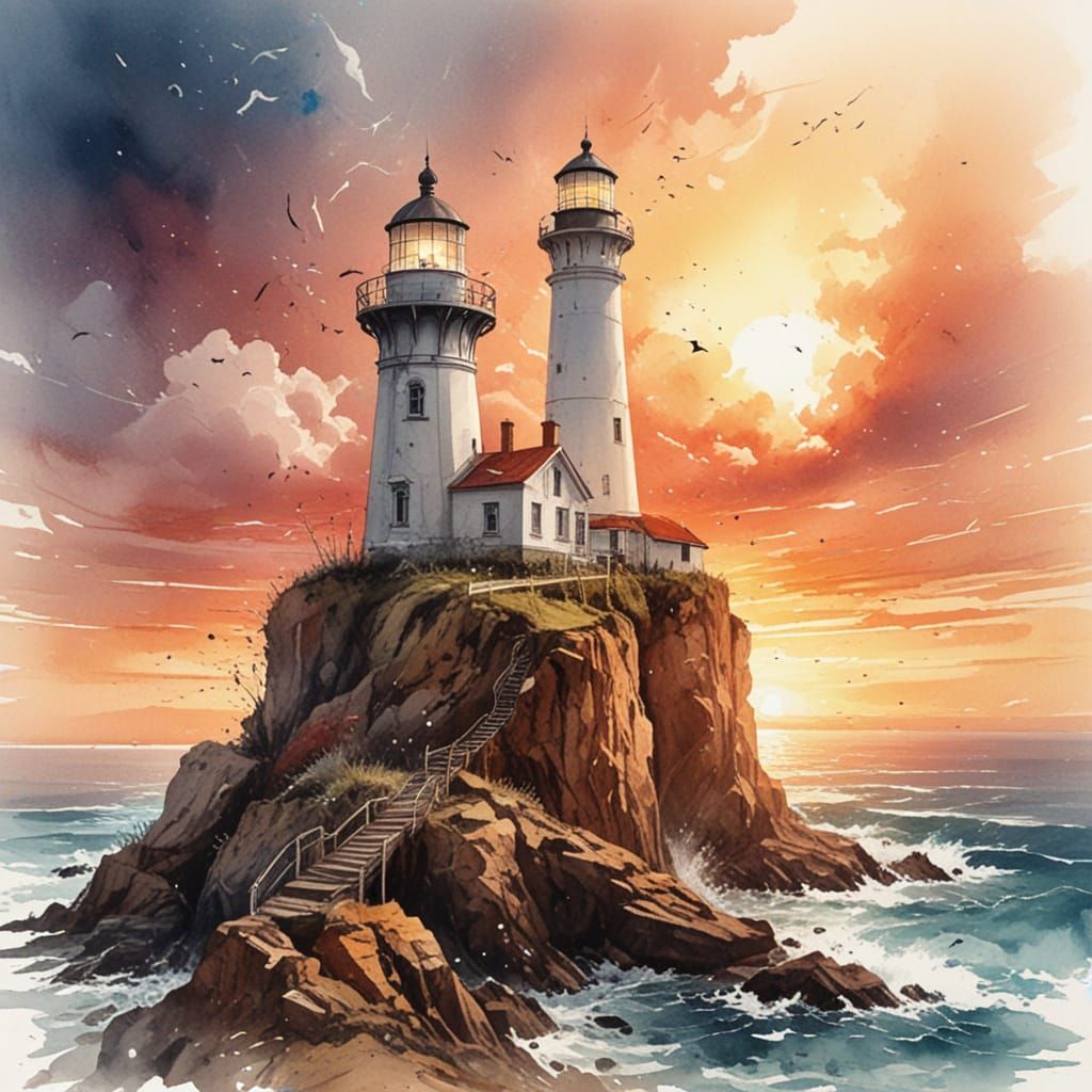 Lighthouse at Sunset, Ink and Watercolour Blend