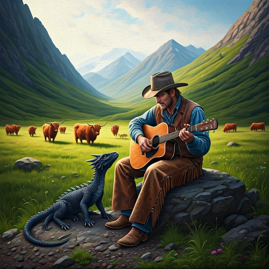 Weathered Cowboy Serenades Highland Cows with Vintage Guitar